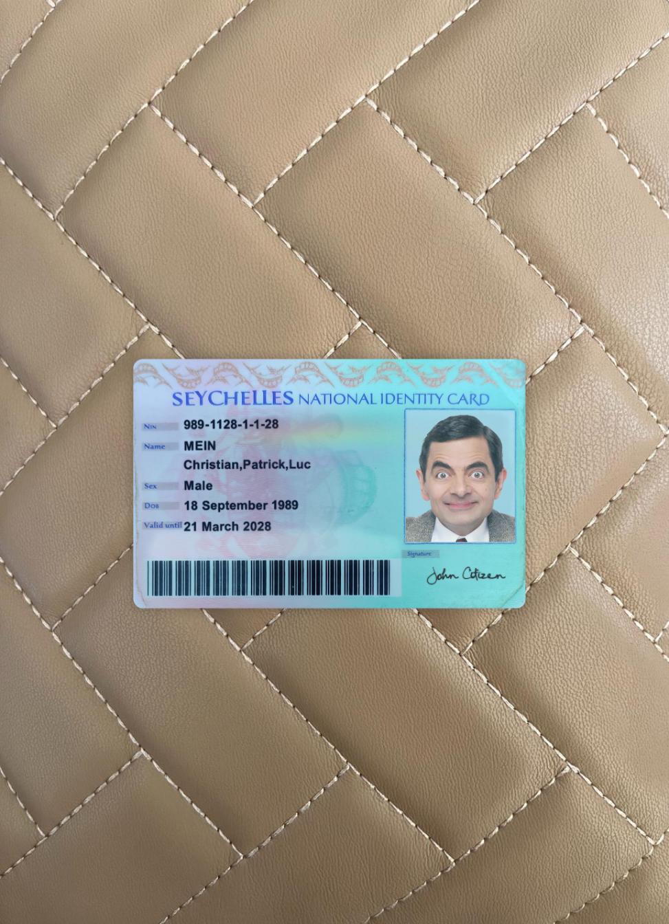 Realistic Seychelles national ID card photolook example